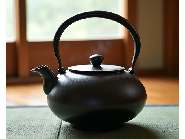 修復された茶道具の鉄釜(茶釜)。内部の錆が除去され、外部の古びた風合いは保ちつつ清潔な状態になっている。