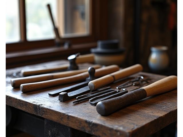 伝統的な鍛冶道具(金槌、トングなど)が整然と並べられた作業台。使い込まれた道具の歴史が感じられる。